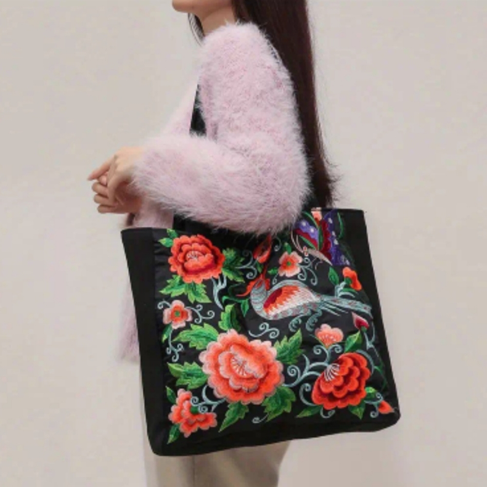 Embroidered flower tote bag